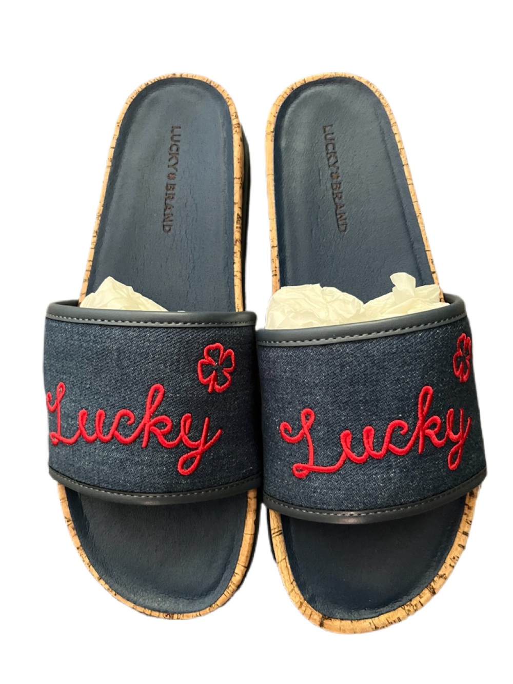 Lucky Brand Dylina blue denim like Sandal Slides. Size 7 Brand New!